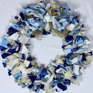 HANUKKAH RAG WREATH 14" HANDCRAFTED DOOR WALL DECOR BEAUTIFUL ONE OF A KIND GIFT